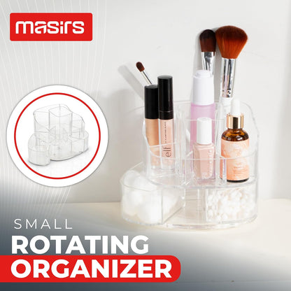 Masirs Small 360 Rotating Makeup Organizer - Mini Yet Spacious Cosmetic Storage Solution with Multiple Compartments - The Perfect Spinning Make-Up Caddy for Vanity or Bathroom Counter (Round - Clear)