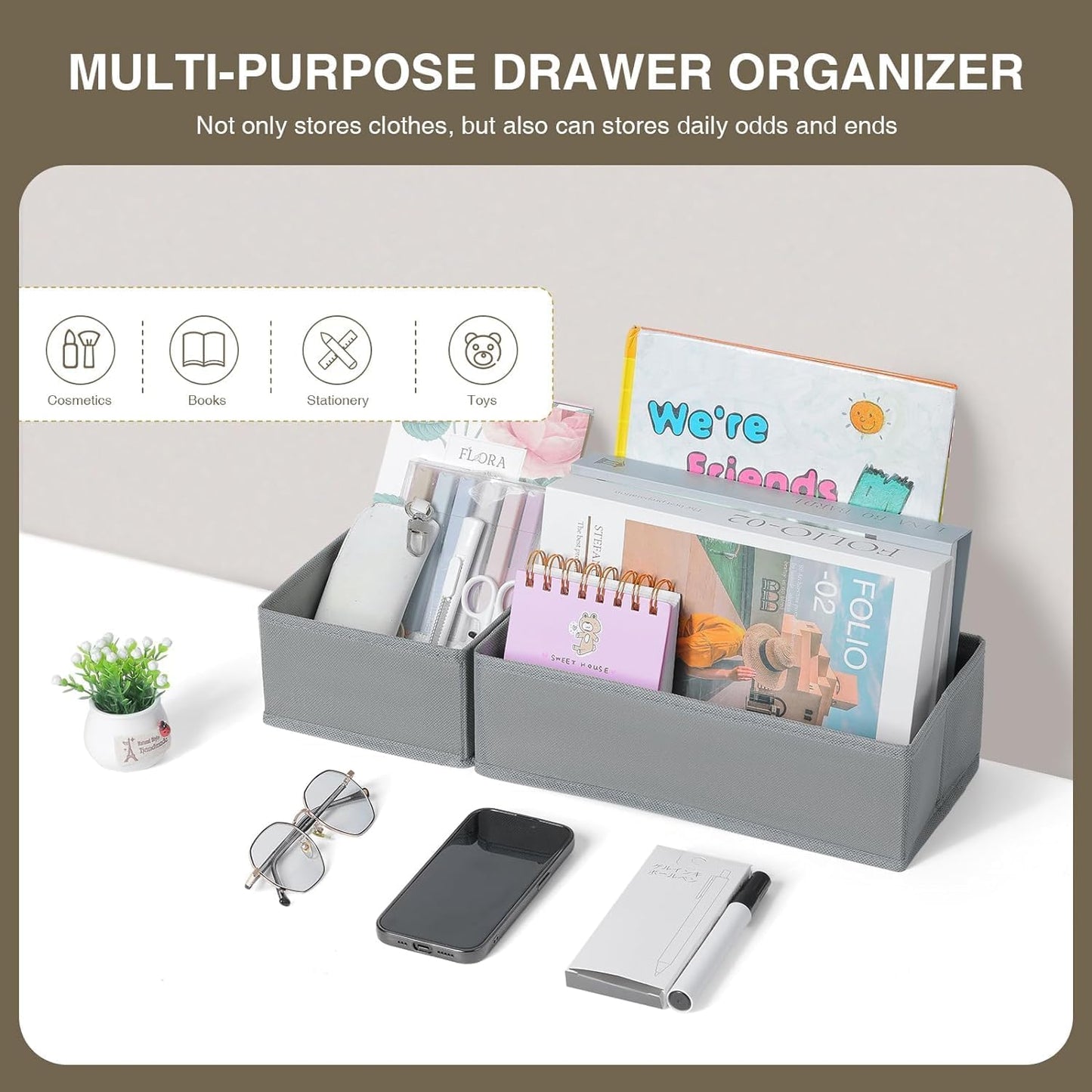 DIMJ Drawer Organizers Clothes, Dresser Organizer Bins for Baby Clothes,Underwear and Sock, Fabric Closet Organization and Storage Boxs, Drawer Dividers for Nursery, Clothing, Tie - 4 Pack, Beige