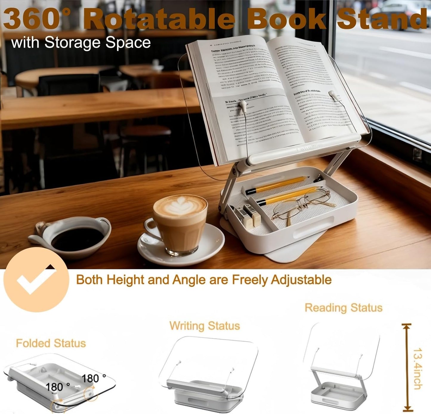 Premium Acrylic Book Stand for Reading & Cookbooks, 360° Rotating Adjustable Book Holder, Foldable Desktop Riser for Thick Textbooks, Sheet Music & Laptops, with Page Clips (Clear)