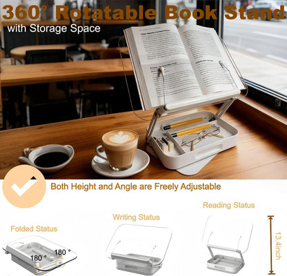 Premium Acrylic Book Stand for Reading & Cookbooks, 360° Rotating Adjustable Book Holder, Foldable Desktop Riser for Thick Textbooks, Sheet Music & Laptops, with Page Clips (Clear)