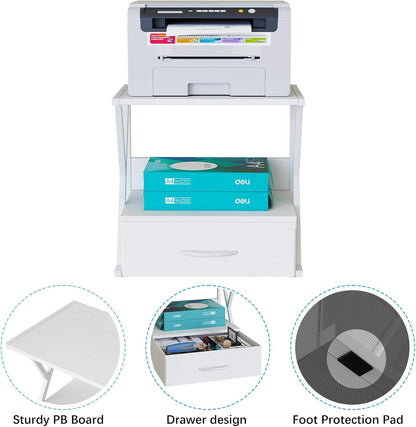 aboxoo Printer Stand for Desk with Storage Drawer, 2 Tier Desktop Or UnderDesk Shelf, Multi-Purpose Desk Organizer for Home Office, fit Fax Machine/3D Printer/Scanner, Rustic Brown
