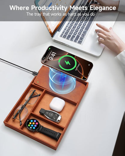 Valet Tray, Built in Wireless Charging Pad, Nightstand Organizer, Dresser Organizer, Mens Jewelry Box, Valet Charging Station, Faux Leather Valet Tray for Men and Women, (Black)