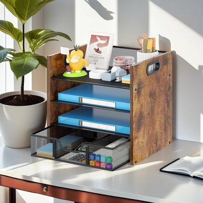 Wood Desk Organizer - 3-Tier Desktop File Organizer with Drawer, Wooden Paper Tray, Office Desk Organzier and Accessories for Papers, Mail, Notebooks, Stationery