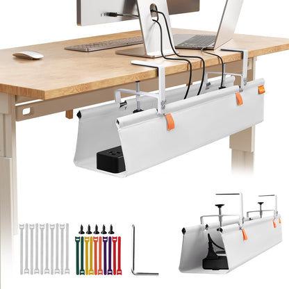 Under Desk Cable Management Tray with Clamp, No Drill 36" Cord Organizer for Desk, Desk Cable Management Fabric Tray for Standing Desks, Ideal for Home & Office - White