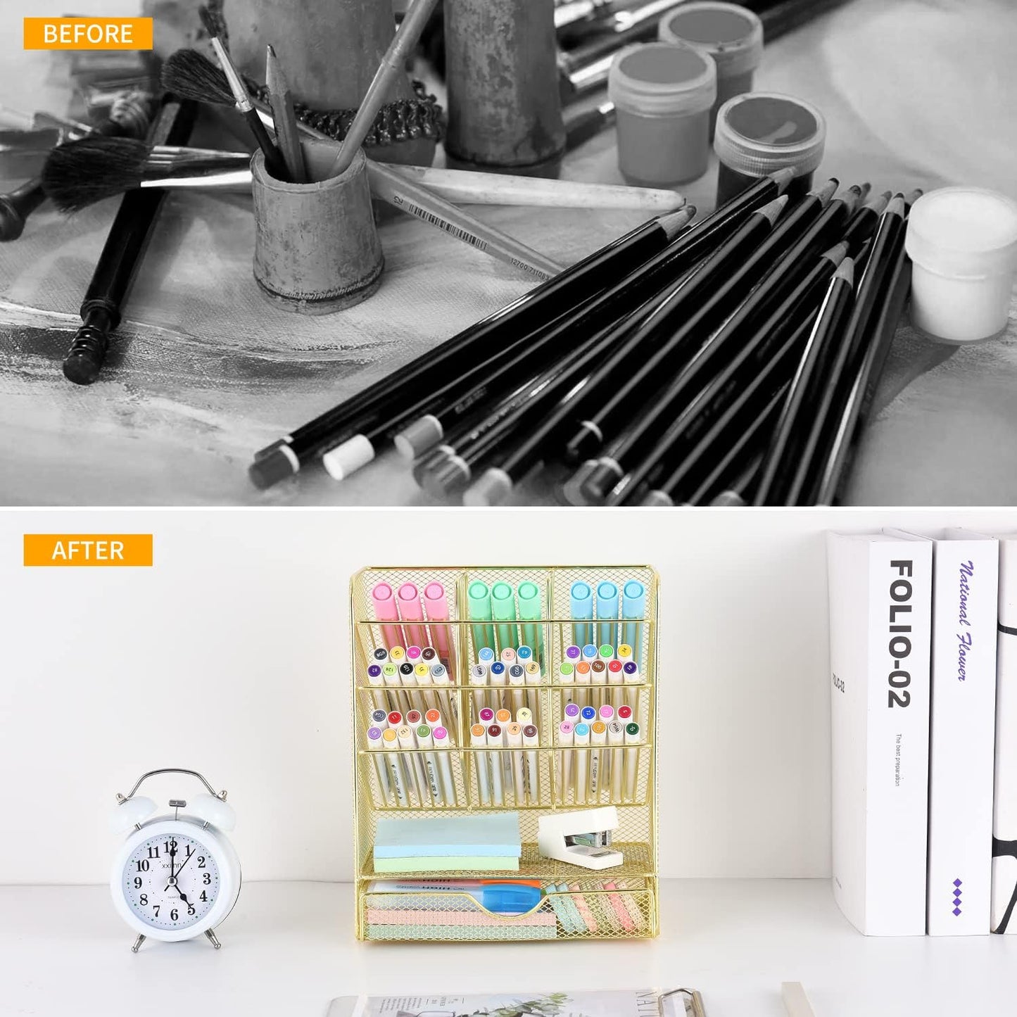 Spacrea Pen Holder Desk Organizer - Desk Organizers and Accessories, Pencil Holder with 10 Compartments and 1 Drawer（Rose Gold）