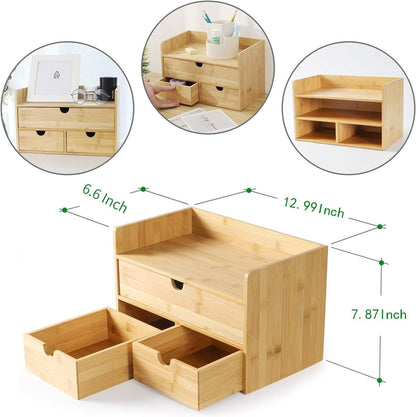 Desk Organizer with Drawers - Bamboo Desktop Organizer Storage | Wood Desk Drawers Organizer for Bills, Office Supplies, Cosmetics, Seals No Assembly Required (3 Drawer with Big Drawer)