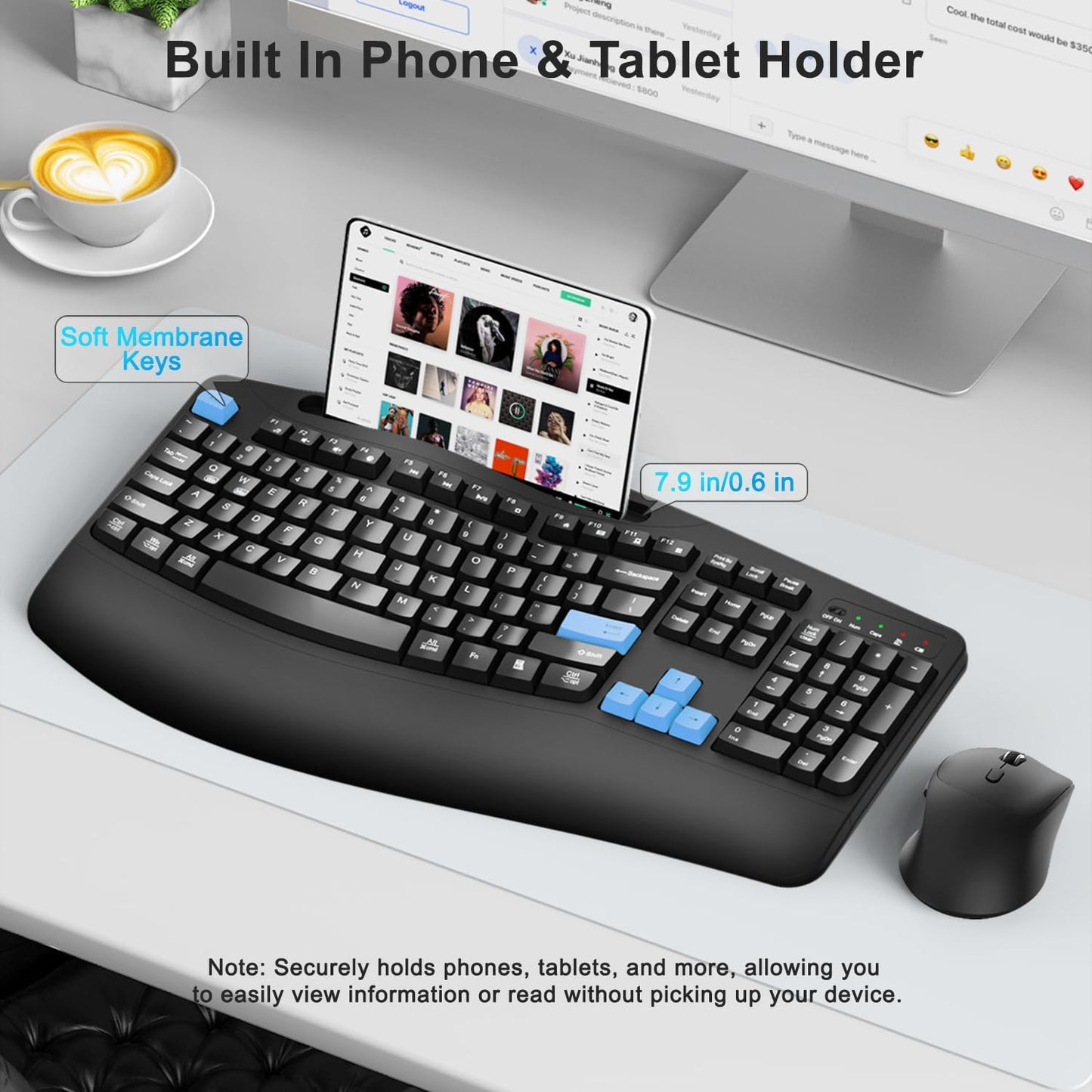 Wireless Keyboard and Mouse Combo, 2.4G Full Size Wave Keys Ergonomic Keyboard with Wrist Rest, Phone Holder, 3-Level DPI Wireless Silent Mouse with 6-Buttons, for Windows, Mac OS, Laptop, PC (Black)
