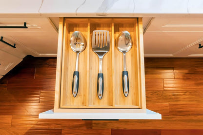 Umilife Bamboo Kitchen Drawer Organizer, 13 Inch Silverware Utensil Tray Holder, Extra Deep Grooved Drawer Divider, 7 Slots Total Bamboo Wood Caddy for Flatware Cutlery Knives, Forks, Spoons