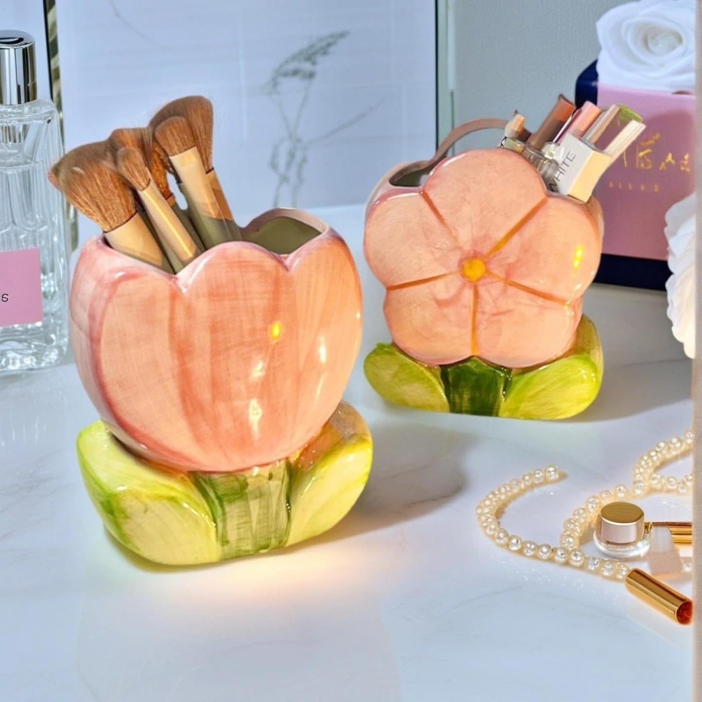 Pink Pencil Holder,Ceramic Tulip Pen Holder, Multi-Purpose Makeup Brush, Aesthetic Office Vanity Kitchen Desktop Decor,Perfect Birthday Christmas Gift for Women Girls