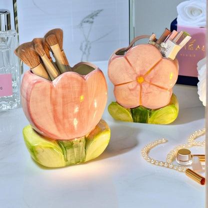Pink Pencil Holder,Ceramic Tulip Pen Holder, Multi-Purpose Makeup Brush, Aesthetic Office Vanity Kitchen Desktop Decor,Perfect Birthday Christmas Gift for Women Girls