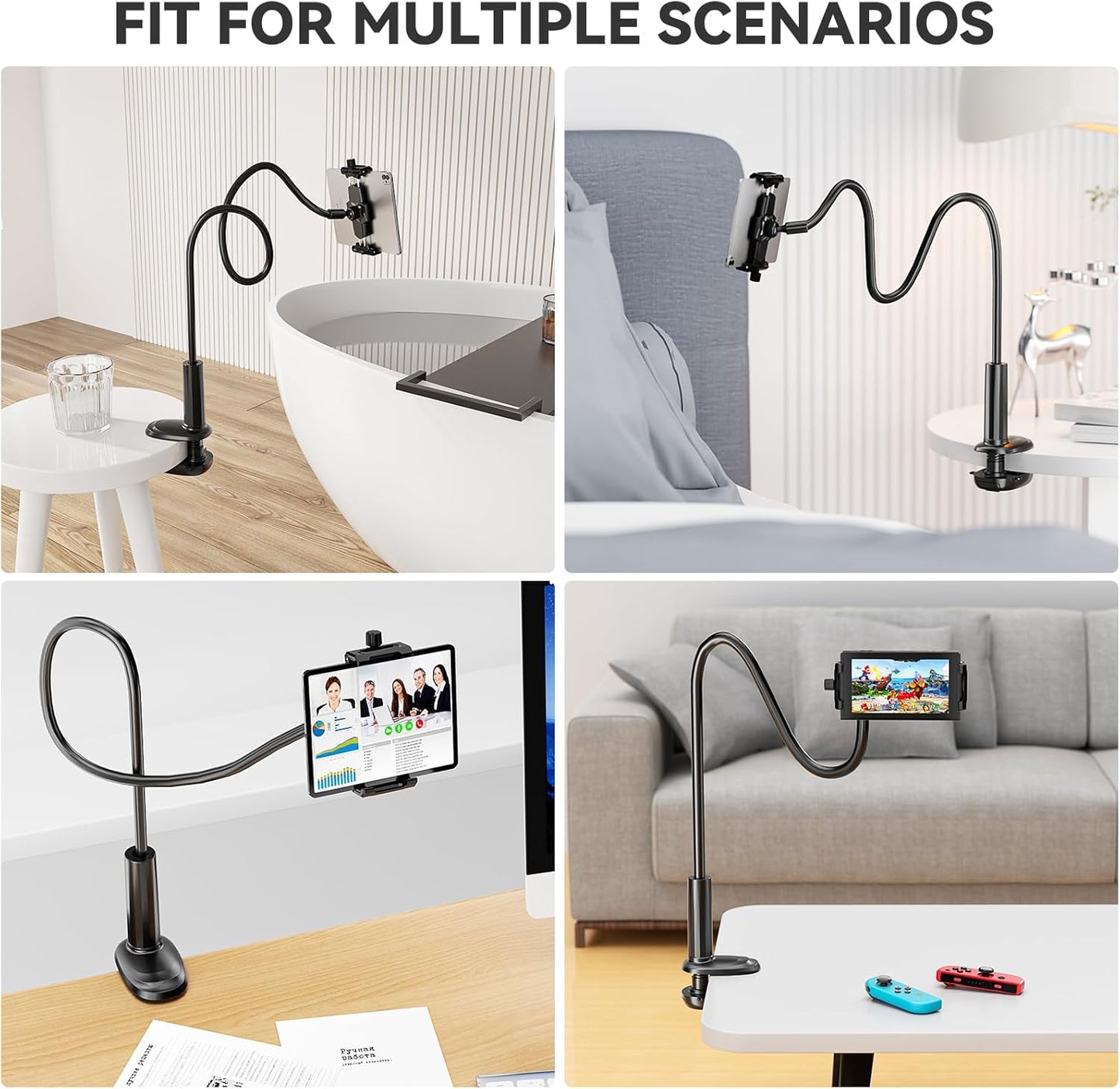 KDD Gooseneck Tablet Stand, 360° Adjustable Phone & iPad Holder for Bed and Desk, Flexible Arm Mount Clip for Video Recording, Bedside & Headboard Clamp for iPad Pro 12.9, Mini, Kindle