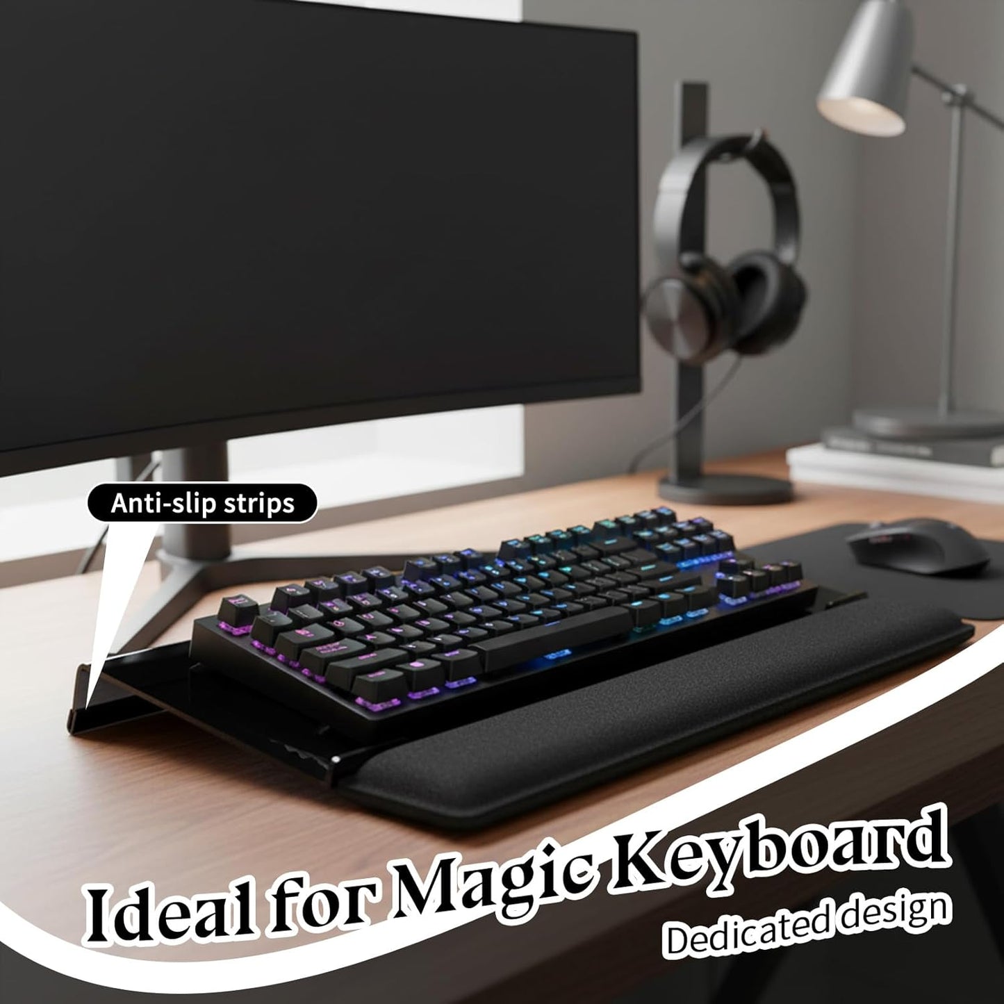 Computer Keyboard Wrist Rest Stand for Desktop Space-Saving Keyboard Riser with Silicone Wrist Rest for Office Desk, Home, School, Easy Typing, 3-Level Height Adjustment, Black