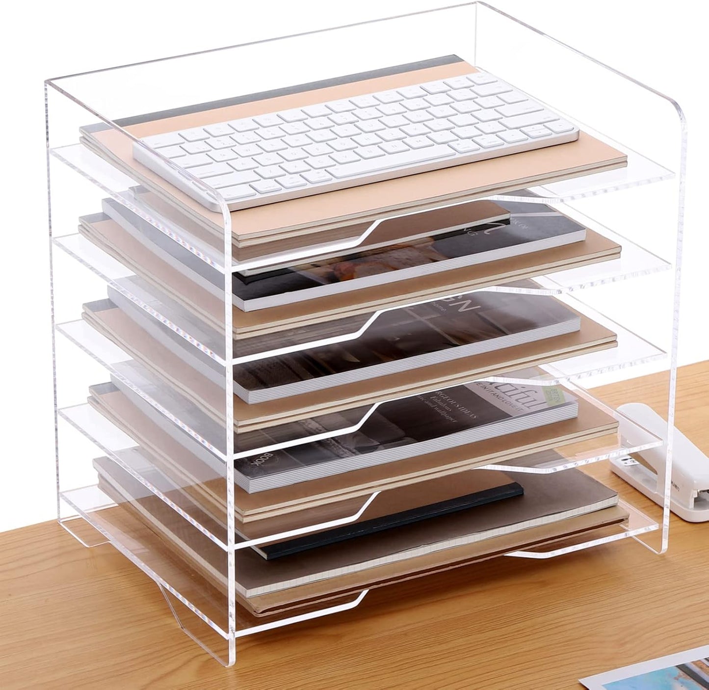 SANRUI 4 Tier Clear Desk Paper Letter Organizer Trays, A4 Stackable File Document Tray, Acrylic Desk Organizers and Accessories Sorter, Workspace Office Supplies Organizers,12.4inx8.86inx6.64in