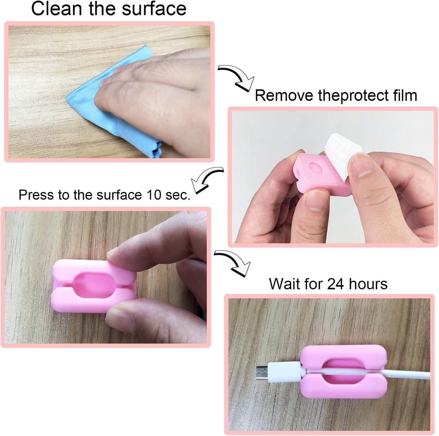6 Pack Pink Cord Organizer Cable Clips, Silicone Adhesive Cord Clips for Charging Cords Wire Management Keeper for Desk,Nightstand,Car,Office,