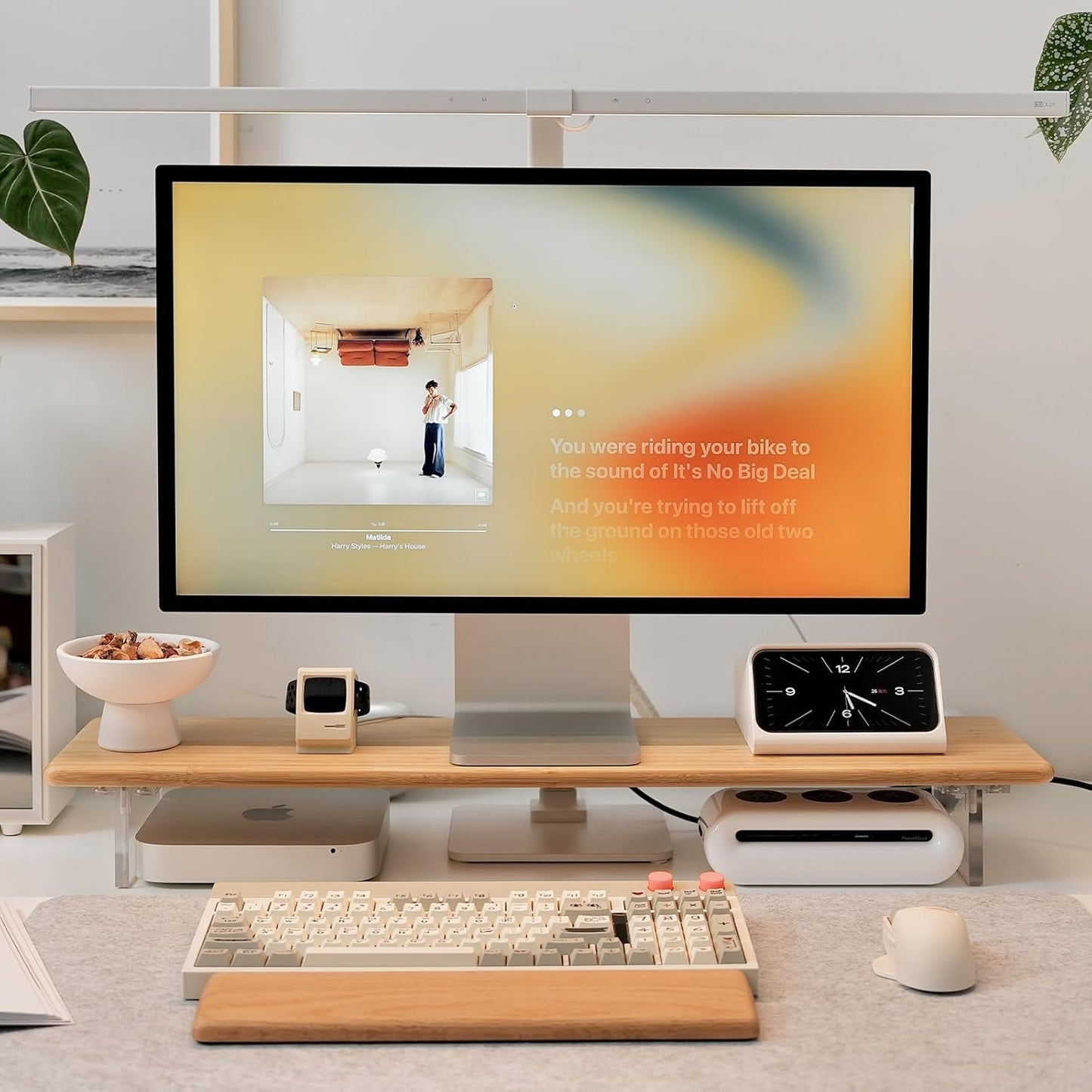 Bamboo Monitor Stand Riser with Acrylic Legs for Desk, 31.5 Inches Desktop Shelf Supports for PC Computer Monitor, Laptops, Printer, Speakers (White)