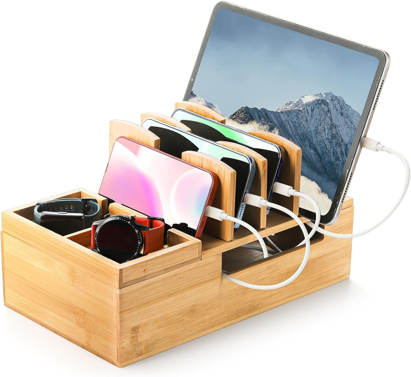Fasmov Bamboo Charging Station, Charging Stand for Multiple Devices, Electronic Device Desktop Dock Stations Organizer, Cell Phone Docking Stations for Multi Laptop, Tablets, IPads, Watch, Earbuds