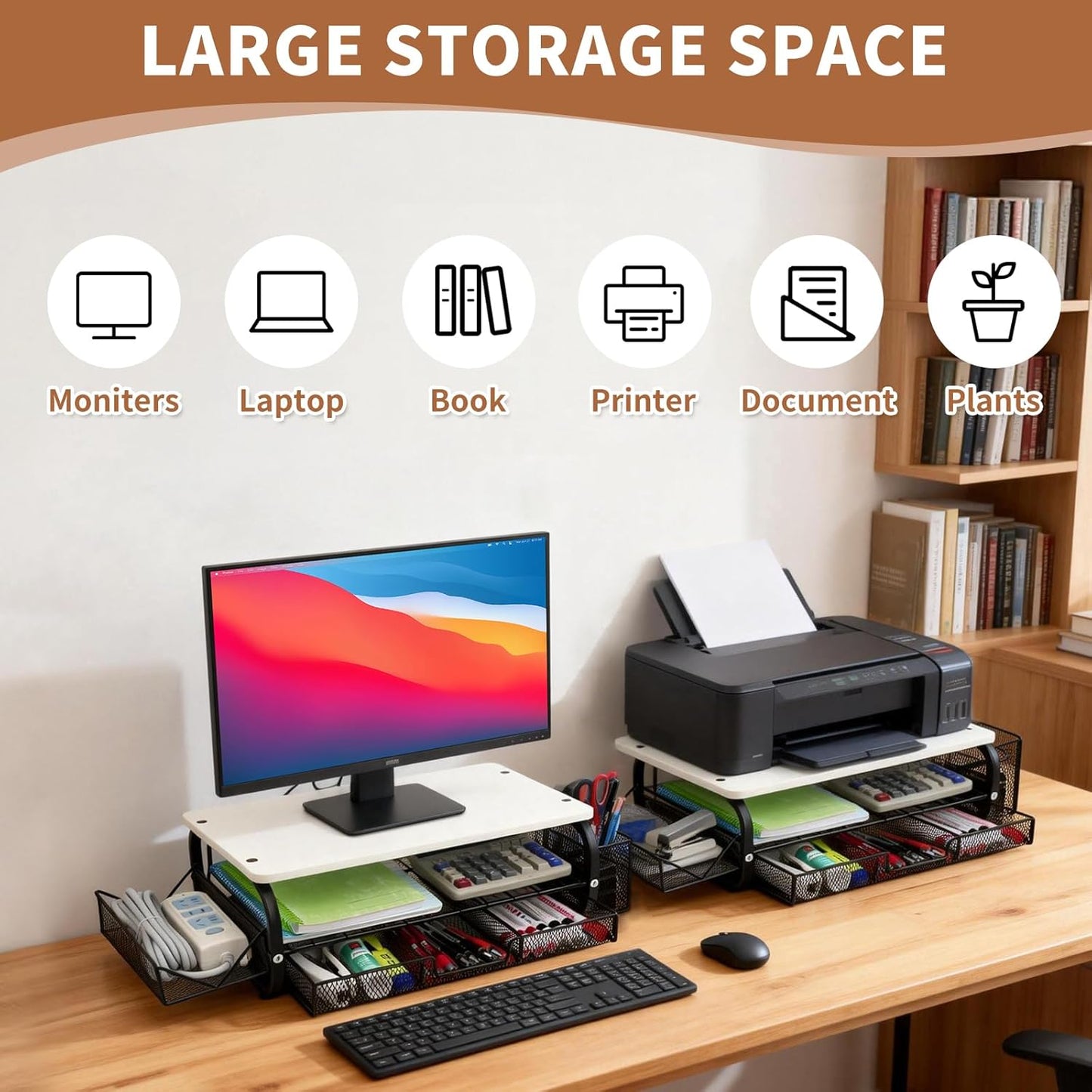 Desk Organizers and Accessories Monitor Riser, Monitor Stand with Drawer (2-Tier Drawers) with Large Side Storage Rack & Cable Management,66LBS/30KG, Office Organization, Walnut Brown