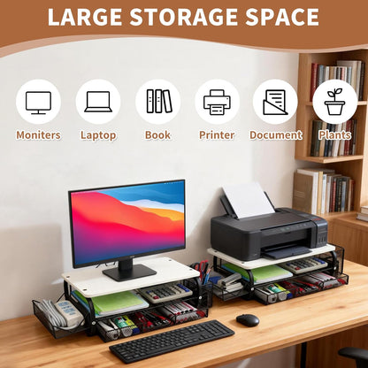 Desk Organizers and Accessories Monitor Riser, Monitor Stand with Drawer (2-Tier Drawers) with Large Side Storage Rack & Cable Management,66LBS/30KG, Office Organization, Walnut Brown