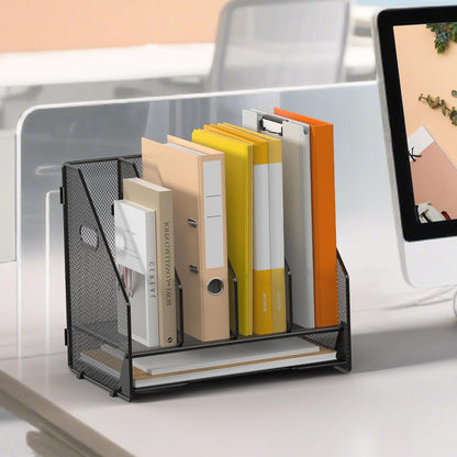 Desk File Folder Holder Organizer-5 Vertical Compartments Racks and Paper Letter Tray,Mesh Magazine File Holder Sorter,Desktop Accessories & Workspace Organizers for Home,Office,School-Black