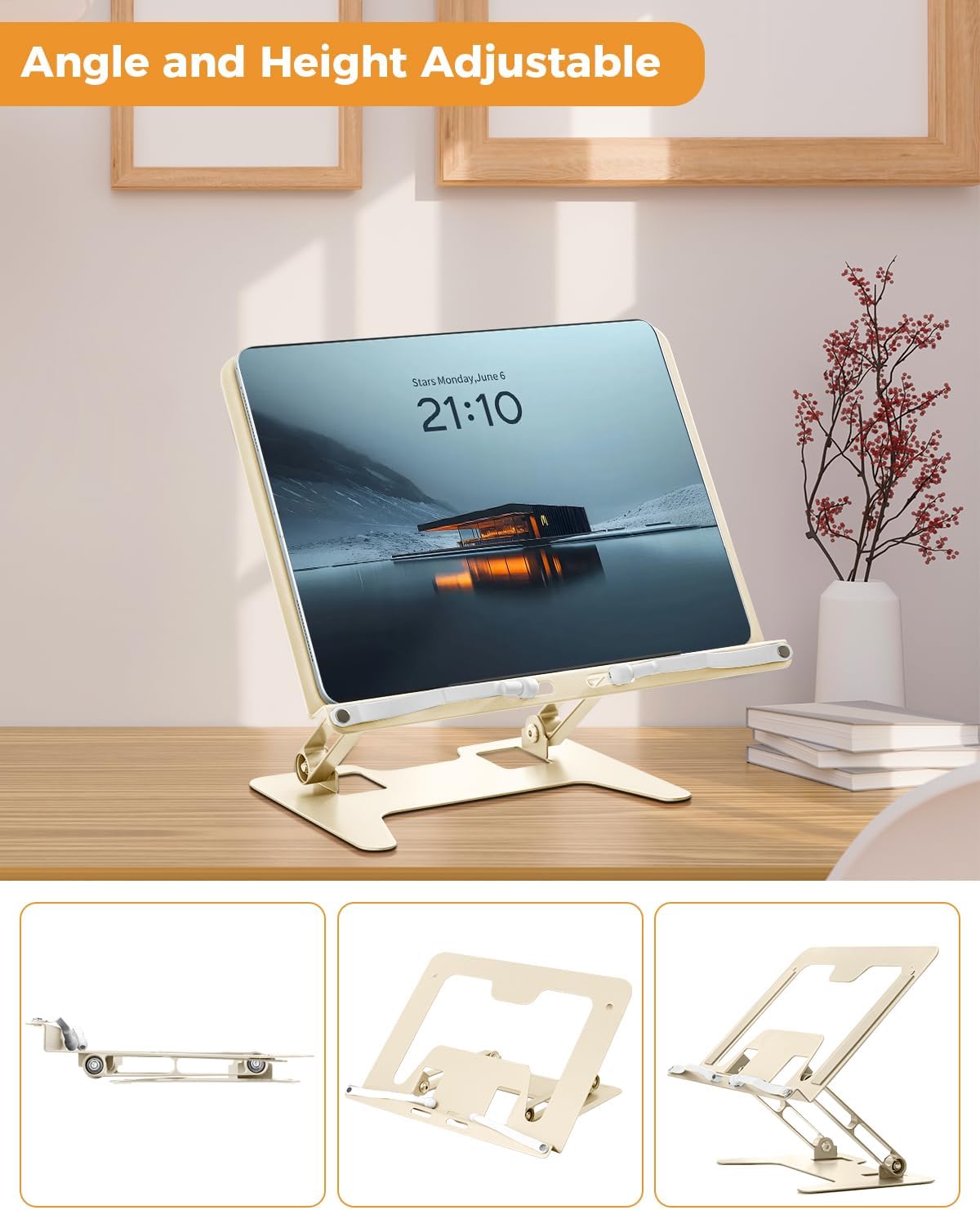 Honagu Adjustable Laptop Stand for Desk, Metal Foldable Laptop Riser, Portable Desktop Book Stand Holder, Ergonominc Computer Notebook Stand Compatible with 10-15.6” Laptops (Silver)
