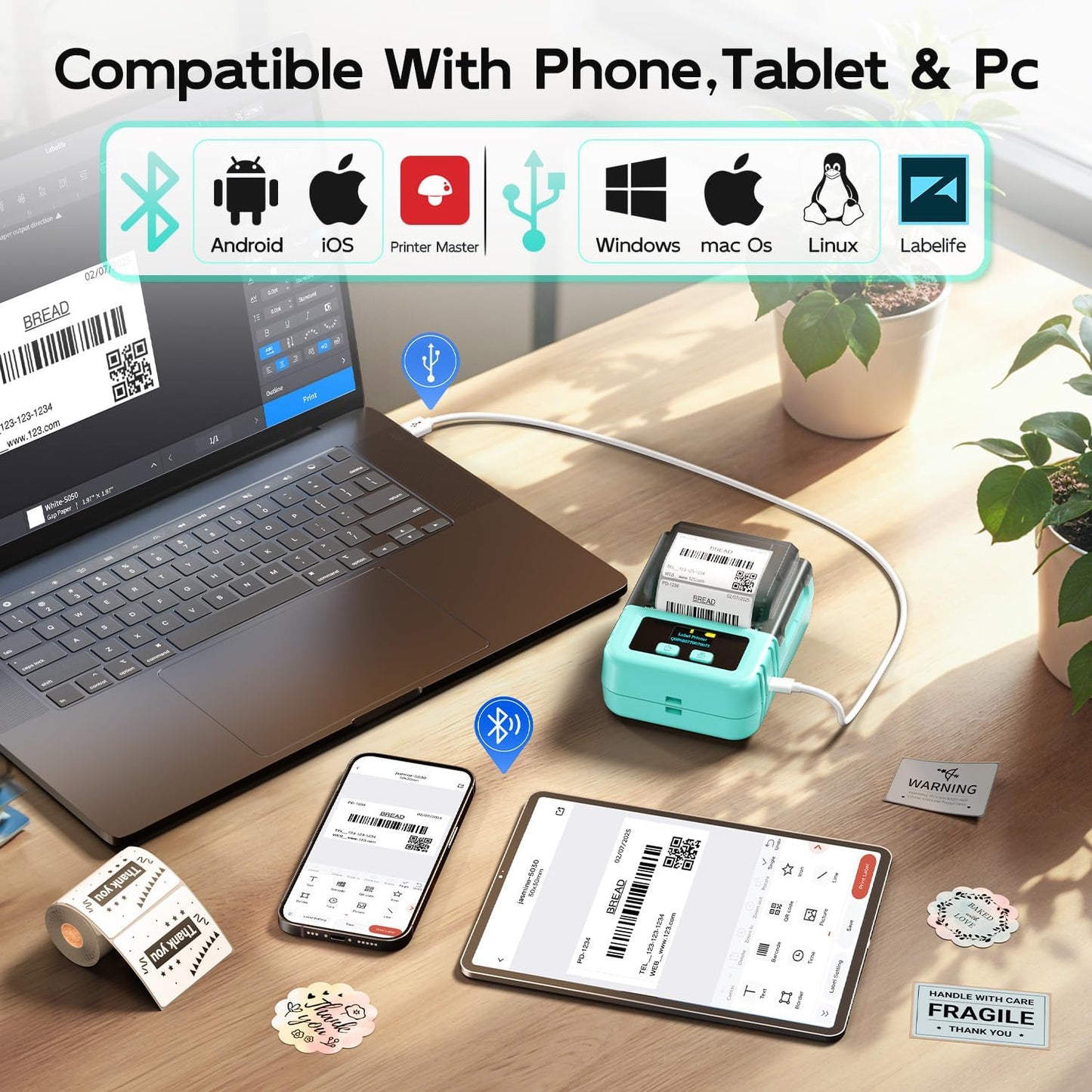 Phomemo M120 Bluetooth Label Maker - Portable Thermal Barcode Printer with App, 2" Wide Labels, Wireless Sticker Printer for Small Business,Home Office,QR Codes,Address Labels - iOS/Android Compatible