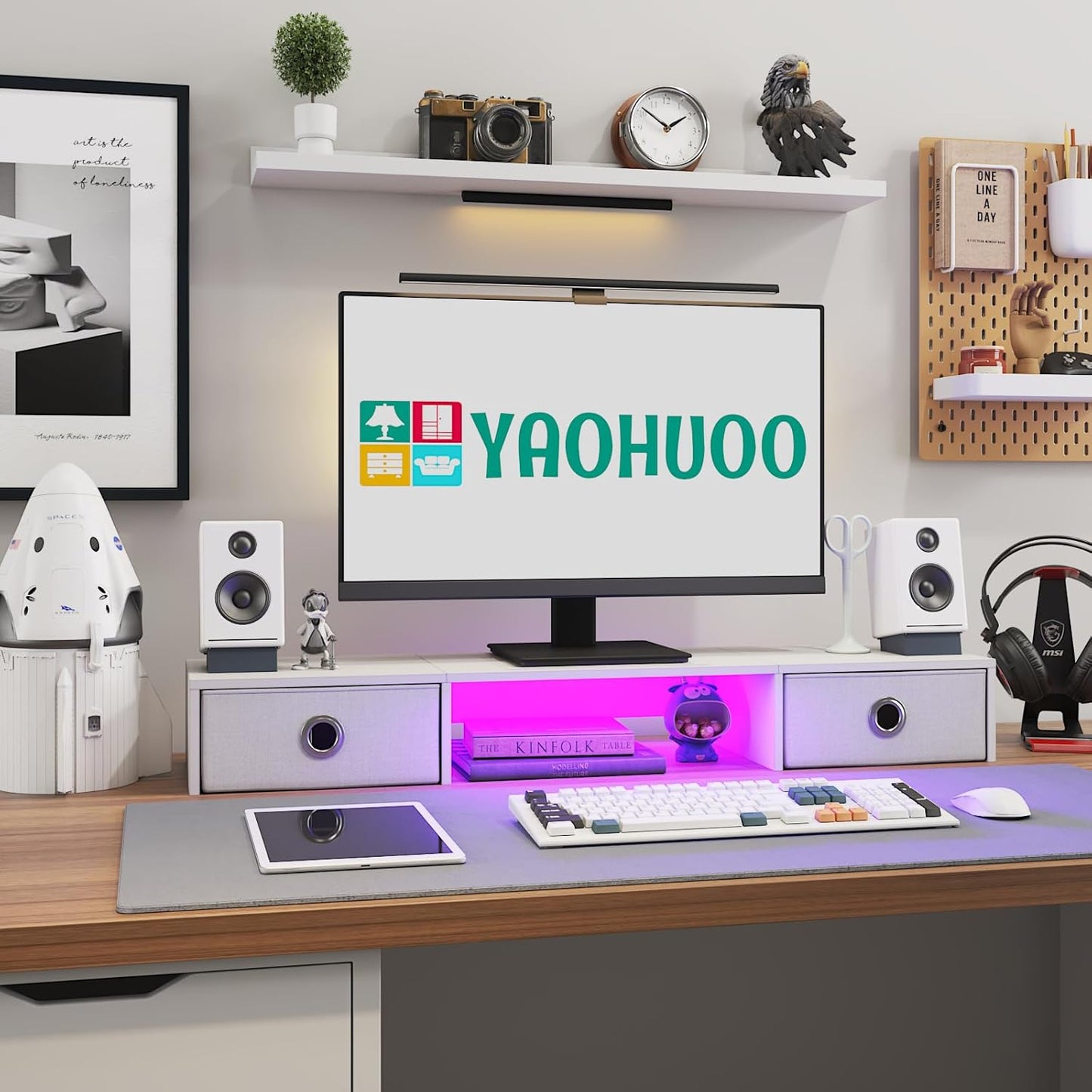 YAOHUOO Dual Monitor Stand with LED Light 2 Drawers, Computer Monitor Riser for 2 Monitors, Large Desktop Organzier with Storage for PC/Laptop/Computer/TV Screen/Printer