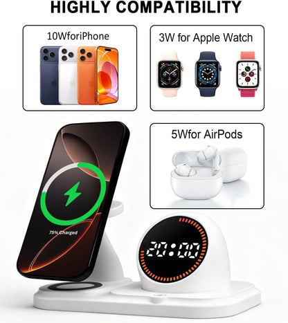 Wireless Charging Station with Clock,6-in-1 Charging Stand for Multiple Devices for iPhone 17 16 15 14 13 12 Pro Max, Apple Watch, Airpods, Bluetooth Speaker + RGB Light