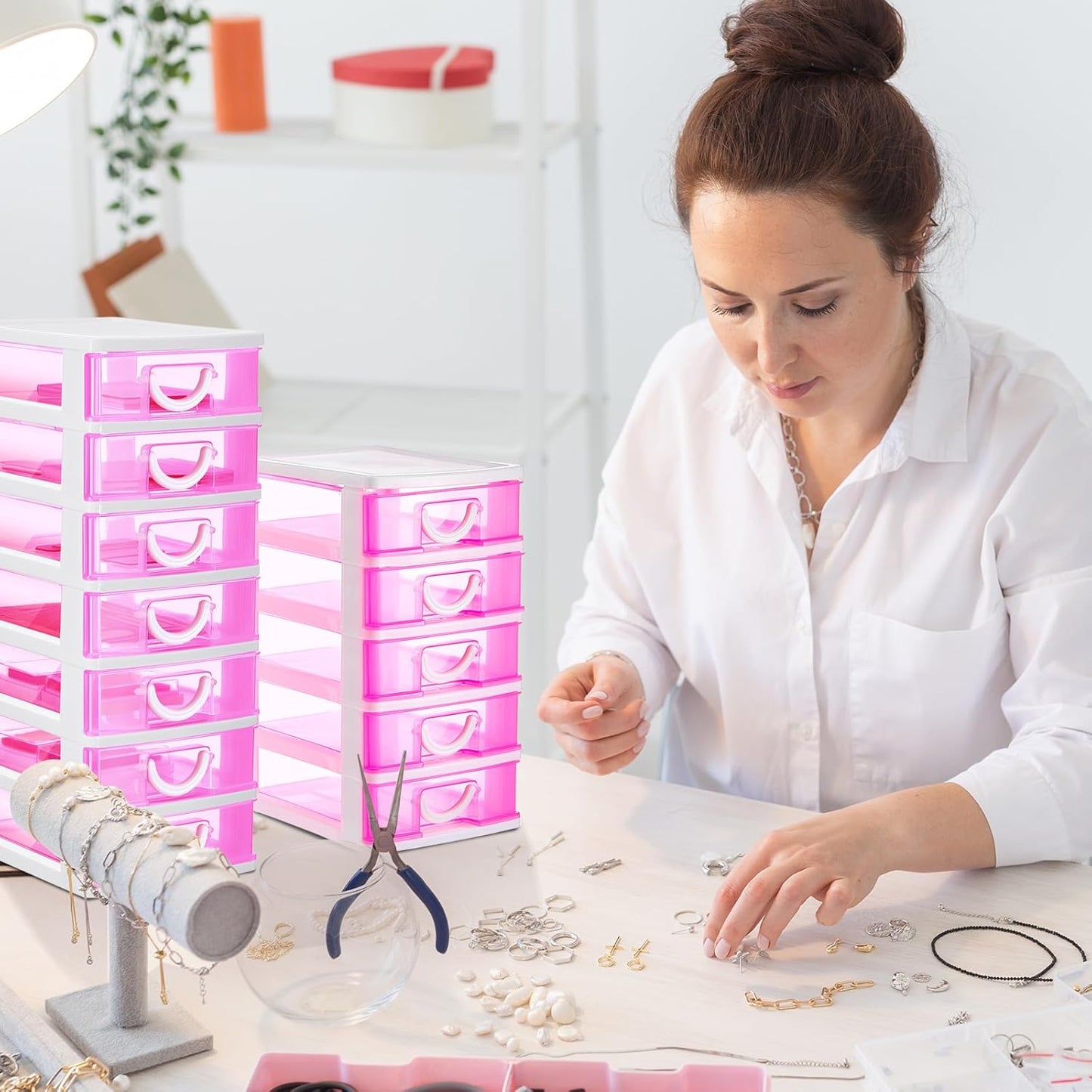 Thyle 2 Pcs Plastic Drawers Organizer Mini Organizer Stackable Plastic Clear Drawer Storage Box Containers Storage Units for Desktop Classroom Craft 6.7 x 4.9 x 13.4 inches(Purple)
