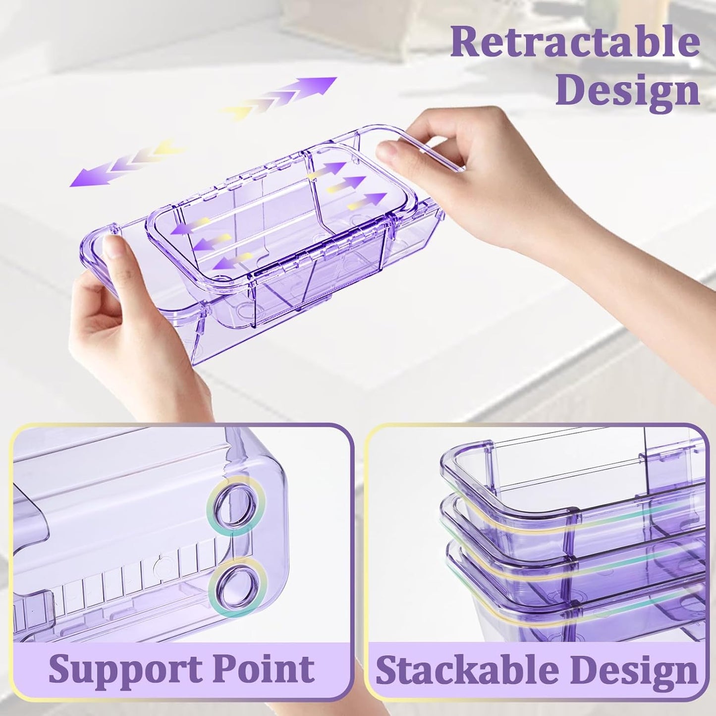 14 Pcs Adjustable Clear Drawer Organizer, Extendable Vanity Storage Bins, Desk Drawer Organizer Set for Makeup, Cosmetics, Bedroom, and Gadgets, Purple