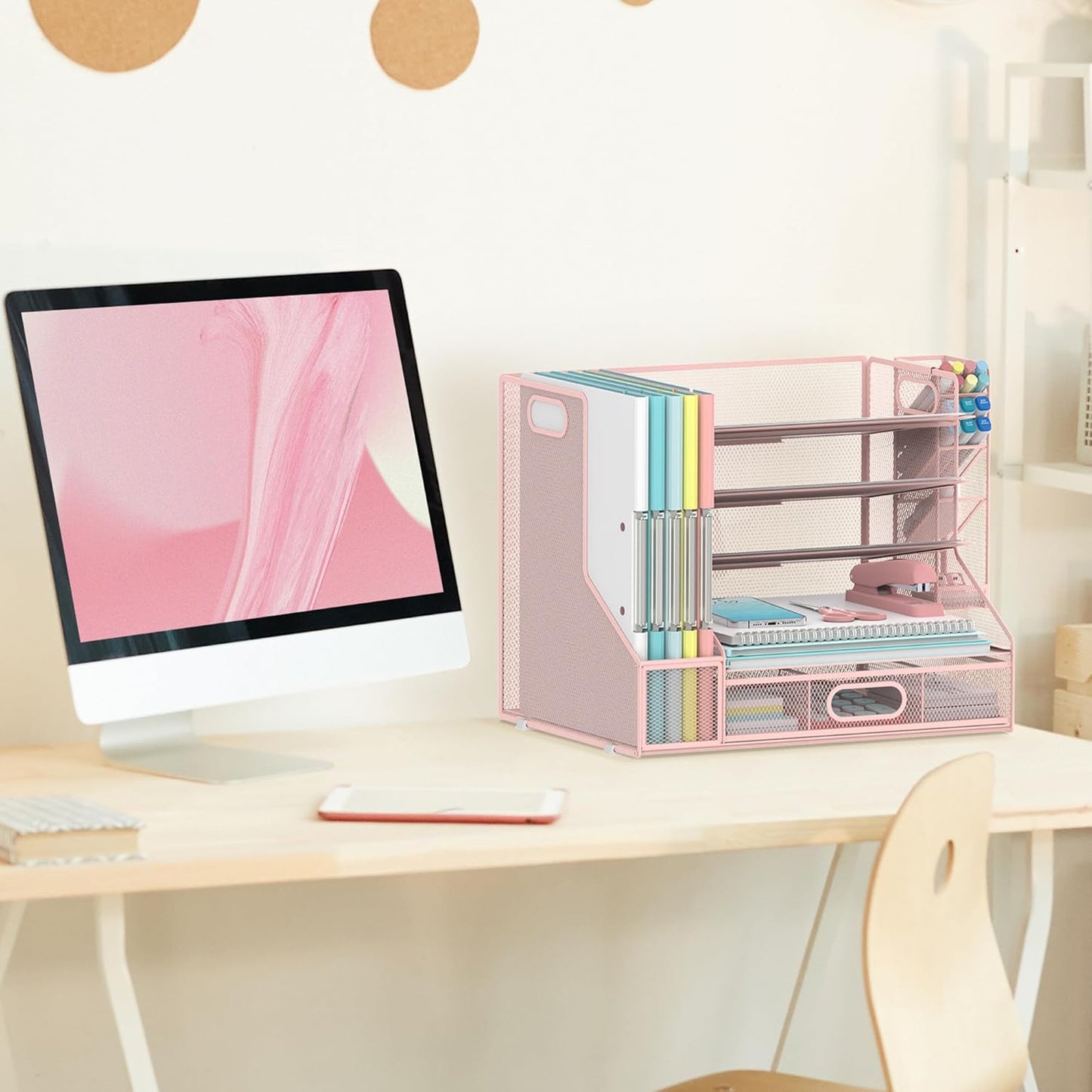 SUPEASY Desk Organizer with File Holder, 5-Tier Mesh Paper Letter Tray and 3 Tilted File Sorter for Office Supplies, Black