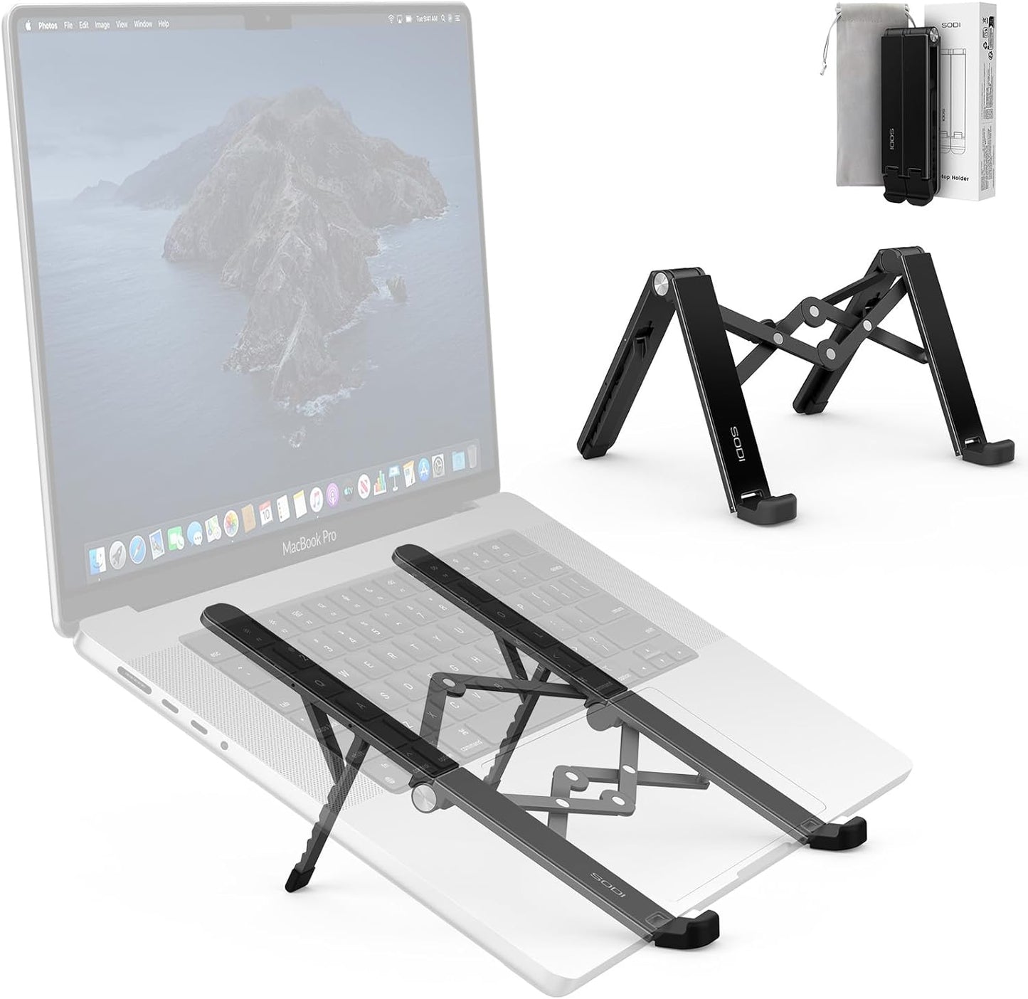 SODI [Ultra Compact] Foldable & Portable Laptop Stand for Desk, Lightweight Tablet Stand for Business Travel, Library, Cafe, 6 Level Height Ergonomic Aluminum Computer Holder for 10-16" Laptops
