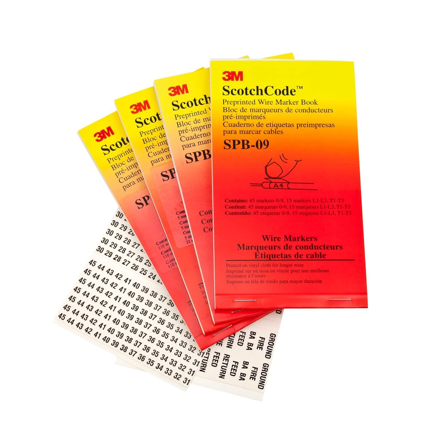 3M ScotchCode Pre-Printed Wire Marker Book SPB-03, Vinyl Coated, Black Printed Numbers (10) each 1–45, White Background Highlights Characters, 1 Book