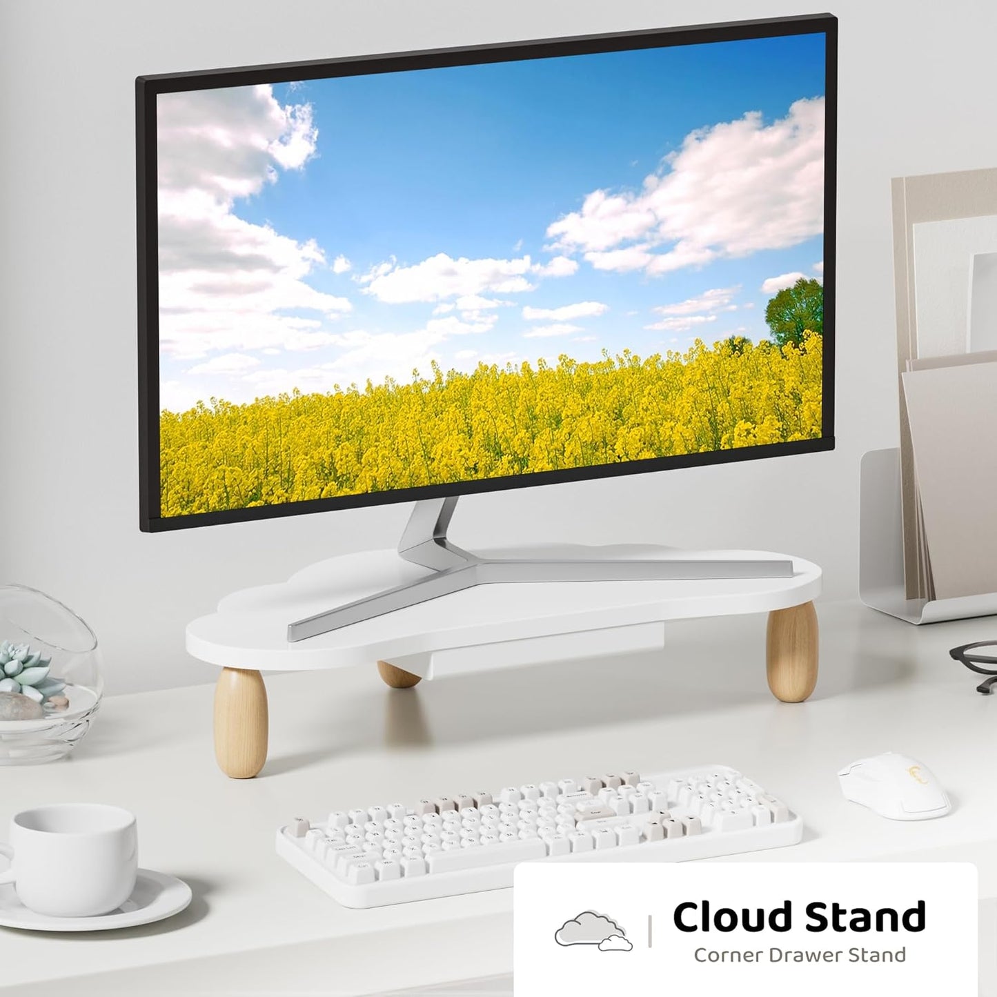 AFOOYO Monitor Stand Riser,Cloud Shape Wood Computer Monitor Stand, 16.5IN Monitor Stand Riser, Multi-Purpose Desktop Organizer Riser for Computer,Laptop,Printer,TV,Pink