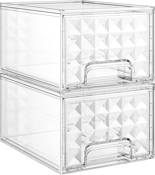 Delamu 6 Pack Stackable Storage Drawers, Makeup Skincare Holder Vanity Storage Organizer, Plastic Drawers For Vanity Desk, Undersink, Kitchen Cabinet, Pantry, Clear, Ideal Christmas Gifts for Girls