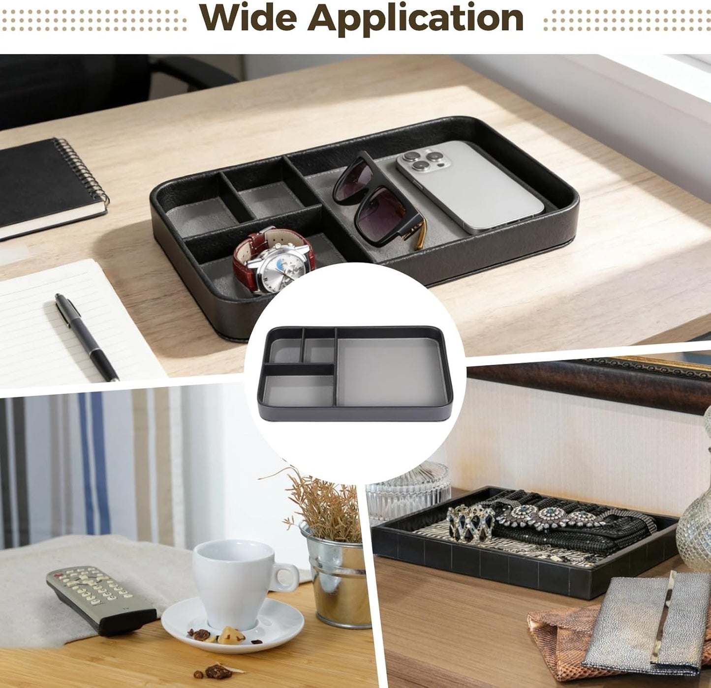 4-Compartment PU Leather Tray, Divided Catchall Organizer for Desk and Entryway, Stylish PU Leather Valet Tray, Multifunctional Storage Organizer for Phone Key Watch Wallet Jewelry