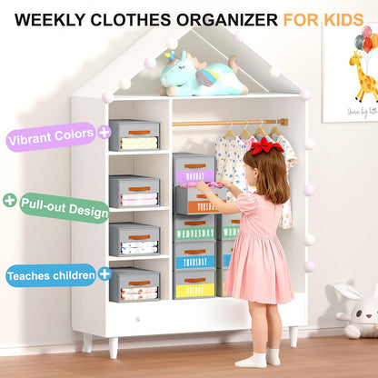 Stackable Storage Drawers - Pull Out Storage Bins with Drawers for Closet Clothes Organizers with Weekly Labels & Clear Window, Closet Shelf Storage for Bedroom, Living Room, 5 Pack, White