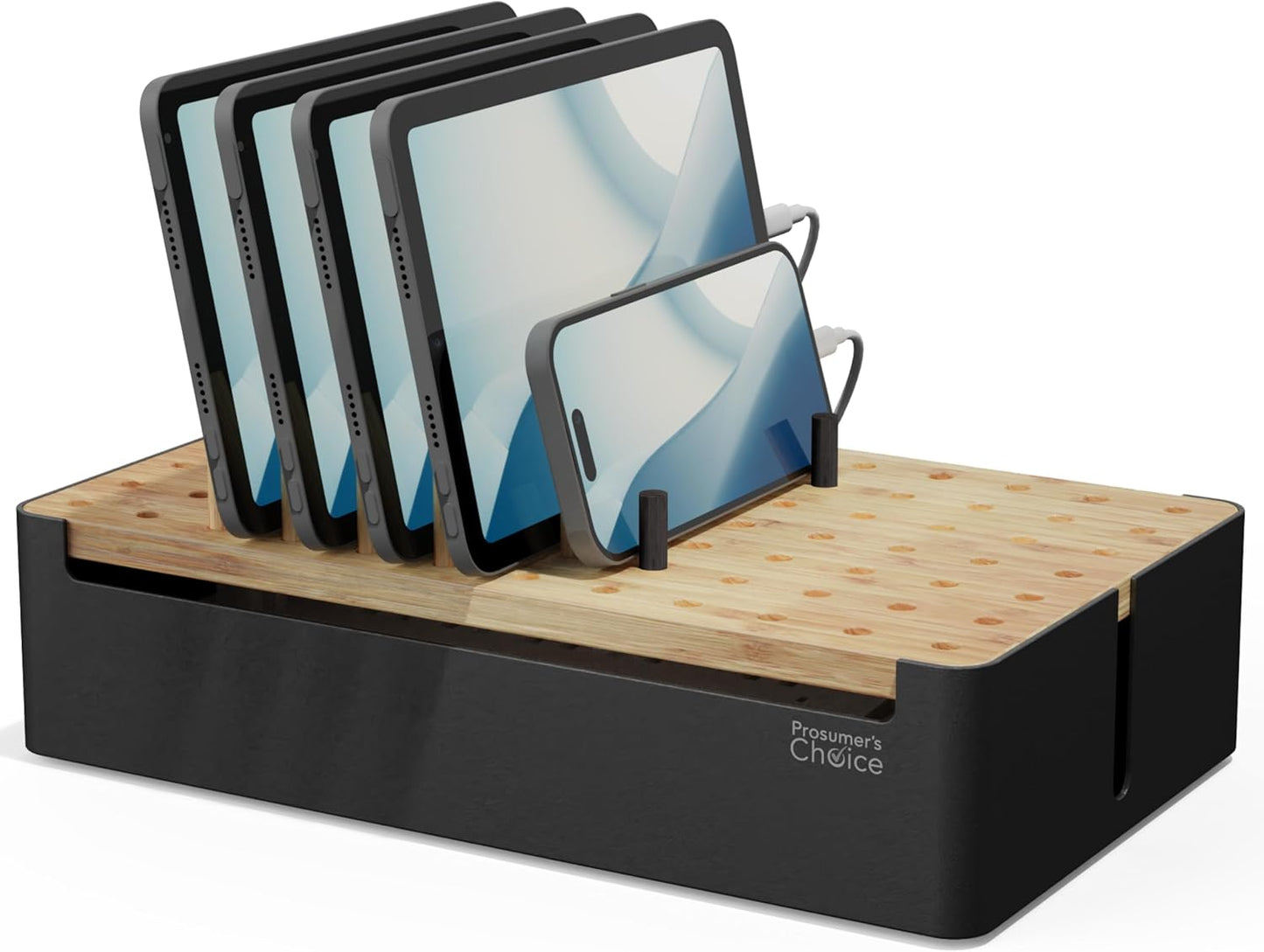 Prosumer's Choice Wooden Charging Station Organizer - 5-Port Base for Phones, Tablets and Laptops - Multi-Device Docking Station with Removable Divider Slots - Cord Box with Cable Management - Bamboo