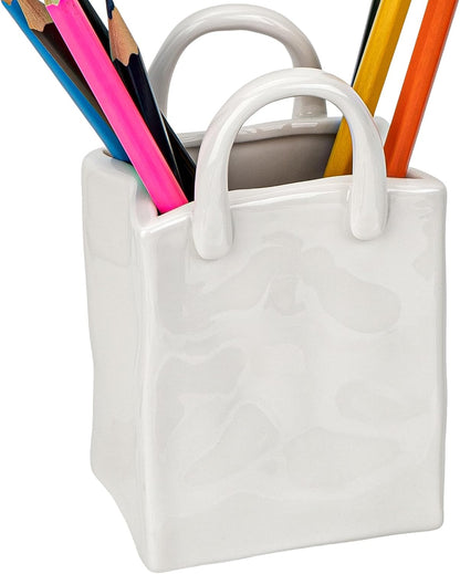 Vintage Handbag Ceramic Pencil Holder, White Pen Cup Desk Organizer, Cute Aesthetic Ceramic Brush Holder, 1 Pack