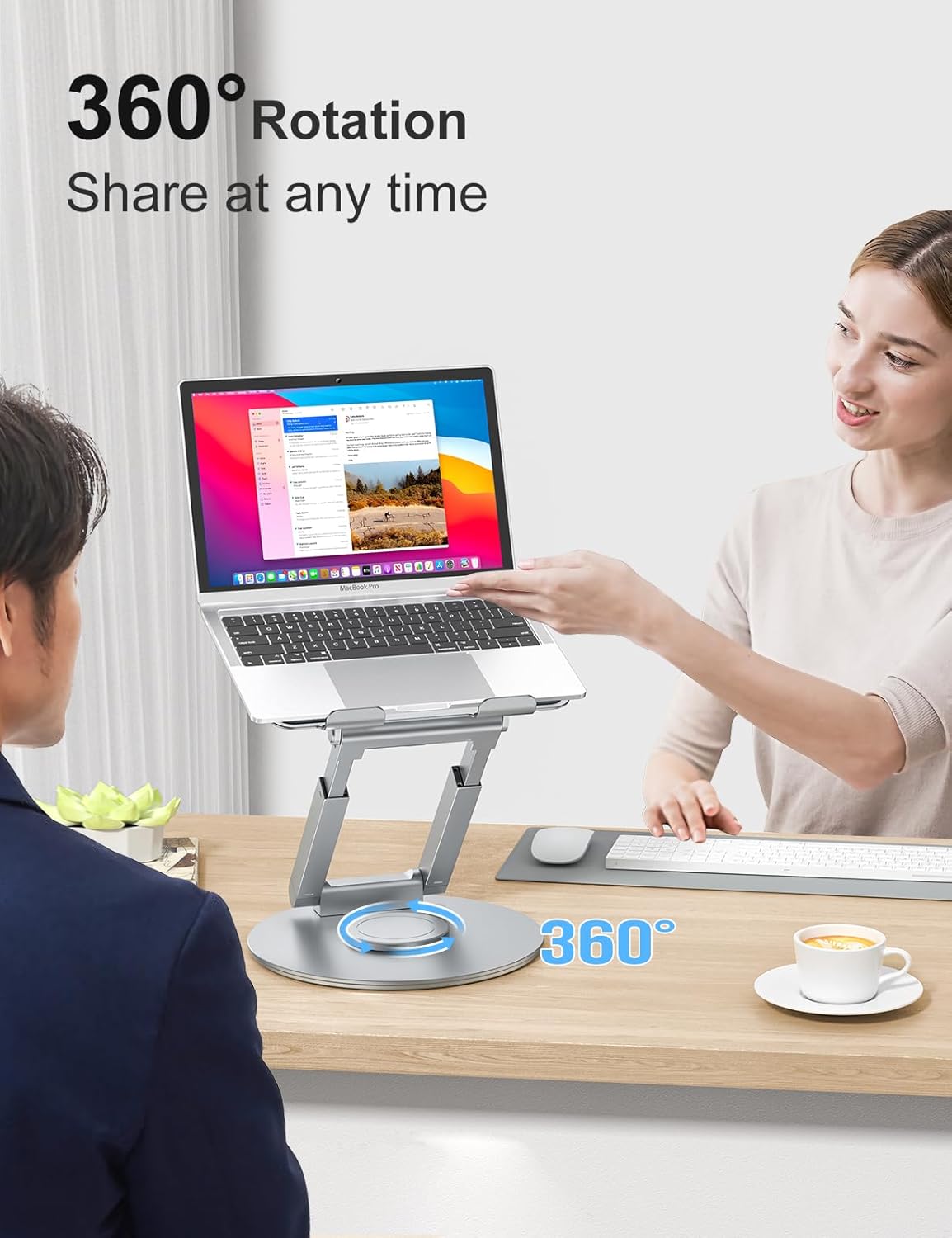 tounee Telescopic Laptop Stand for Desk with 360° Swivel Base, Sit to Stand, Height Adjustable, Portable Riser Holder for Good Posture, Compatible with MacBook Pro, All Laptops 10-17"-Gray