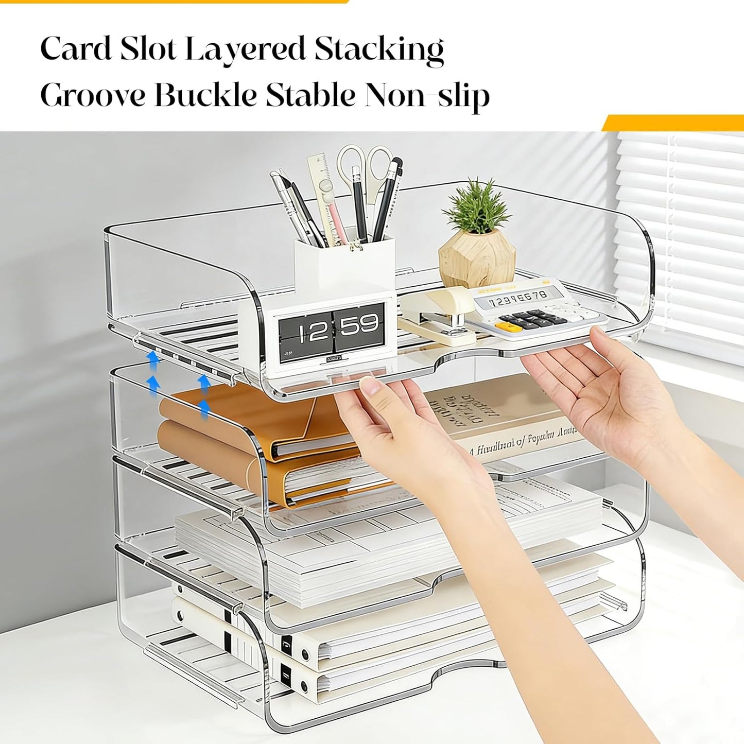 HIYOHIYO Office Acrylic Clear A4 Paper Organizer for Desk, Stackable Office Desk Paper Organizer, Large Capacity Desktop Papers Tray Holder, Organizer for A4 File Folder, 4 Tier Vertical Style