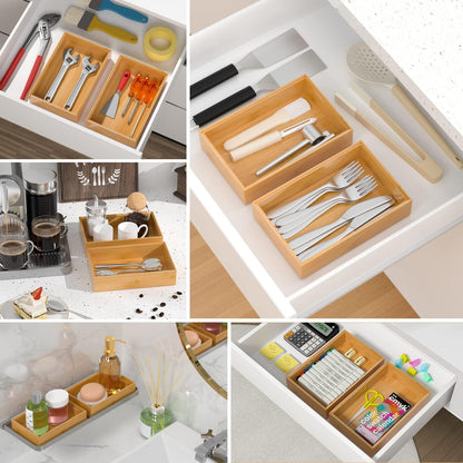VeyFey Bamboo Drawer Organizer, Stackable Utensil Organizer for Kitchen, Bamboo Storage Box Wood Silverware Tray for Drawer 15" x 6" x 2" Set of 2