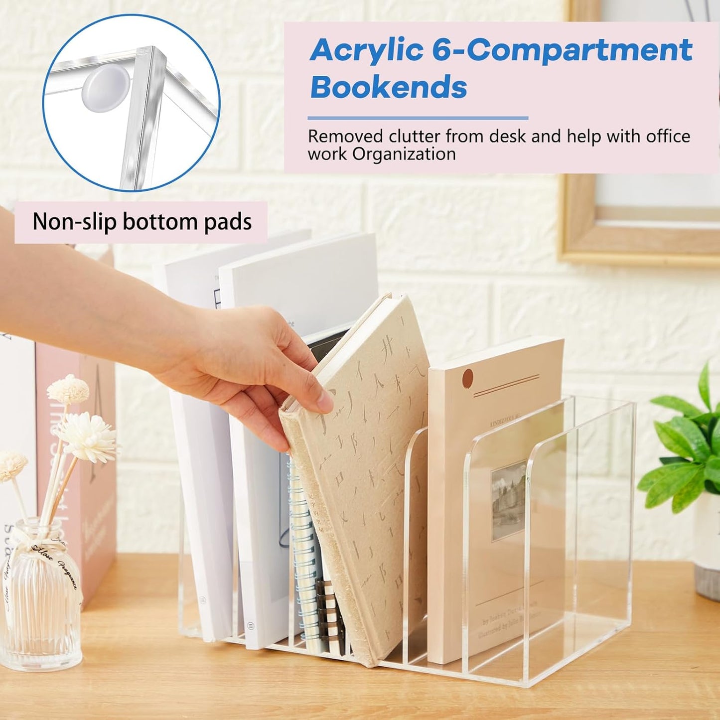 Suzile Clear Acrylic Magazine File Holder with Vertical Compartments Desk Organizer Book Rack for Desk Sorter Paper Folder Office Accessories(Clear,14.2 x 7.2 x 6.5 Inch)