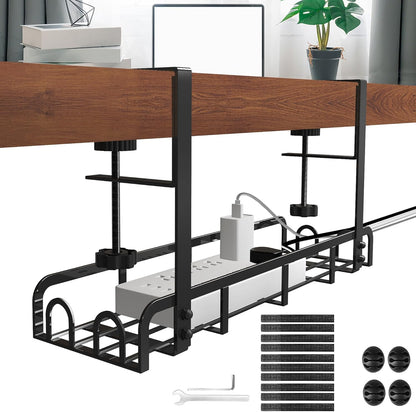 Sleclean Under Desk Cable Management Tray, 2 Pack, 16.6"x4.7" Steel Cable Organizers With Upgraded Long Arm Clamp, No Drill Wire Management for Home - No Damage to Desk