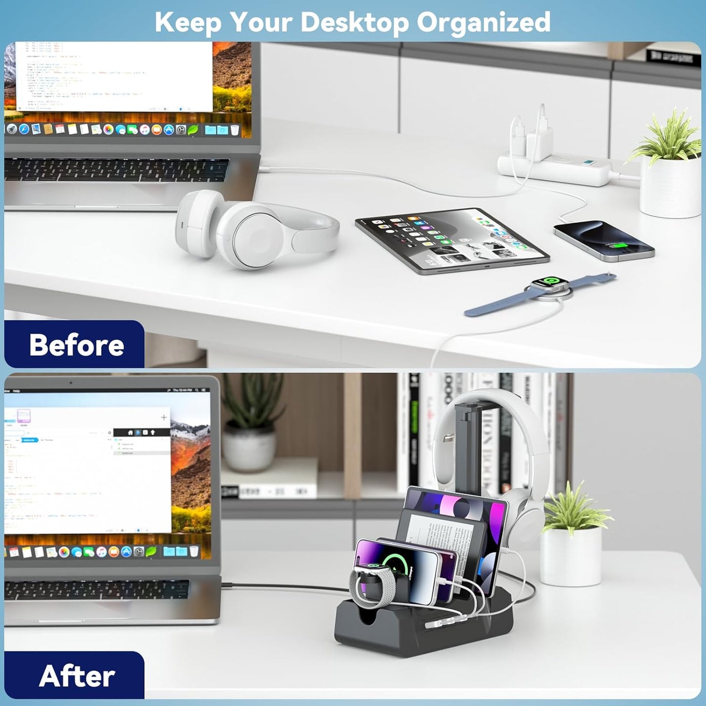 KDD Charging Station with 6 Charging Cables - Fast Charging 6 in 1 Cellphone Charging Dock with Headphone Stand and Watch Holder - 2 AC&USB A&USB C, Storage Station for Smartphone,Tablets, AppleWatch
