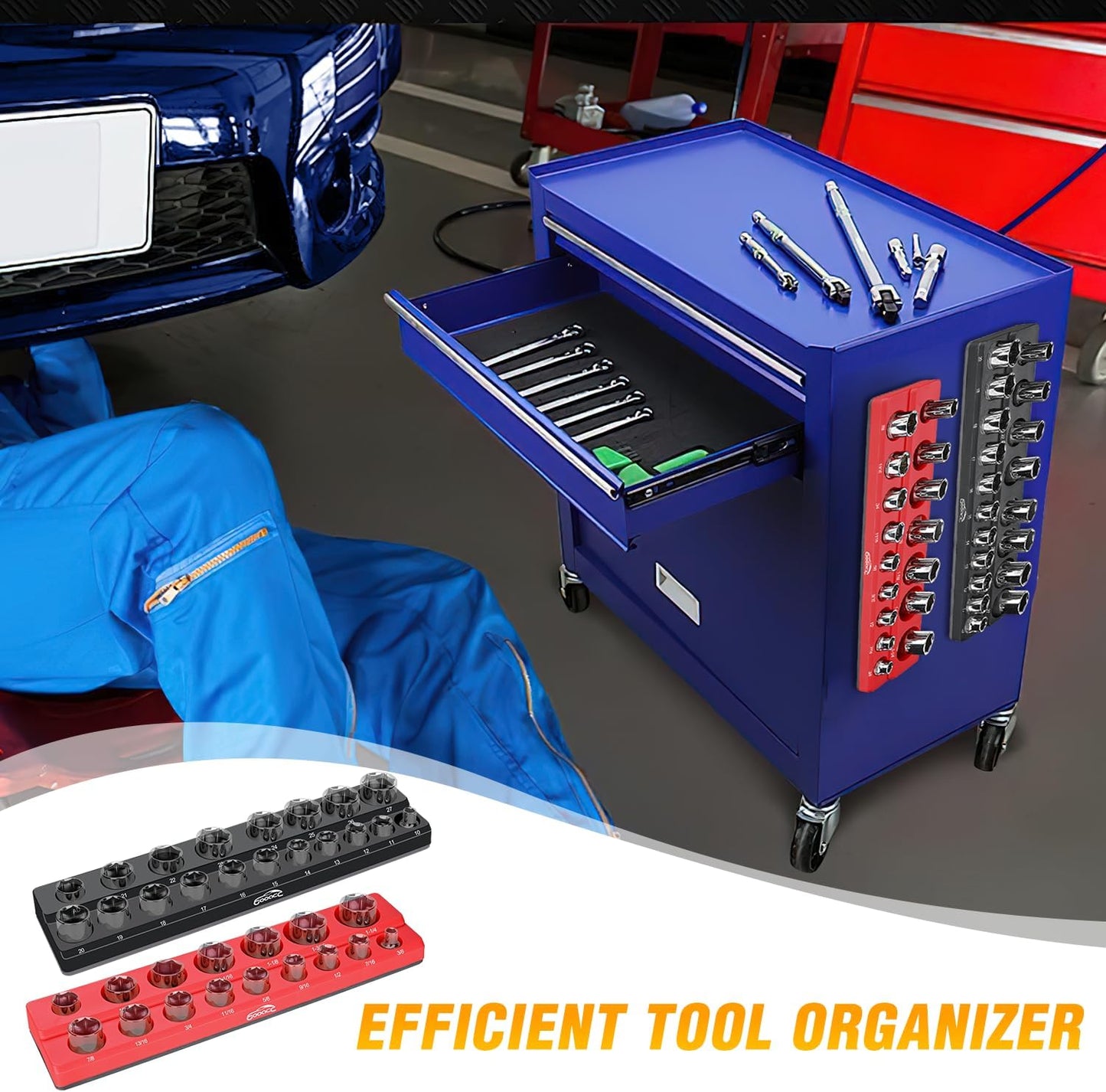GOOACC 1/4" Magnetic Socket Organizer, 2 Pieces Socket Holder Metric SAE Socket Tray, 1/4 inch Socket Organizer Tray Holds 52 Standard Sockets for Tool Box Drawer