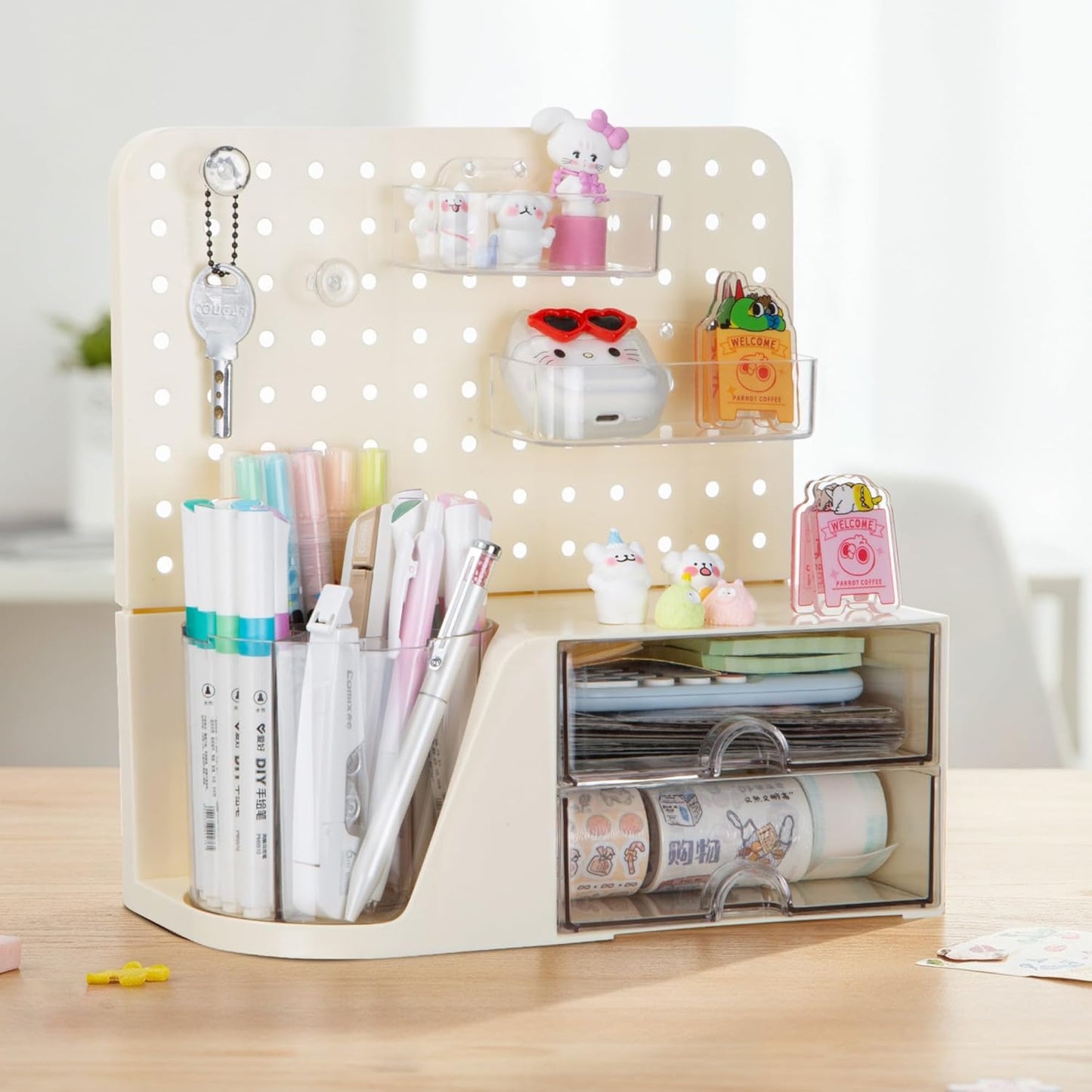 Comix 360° Rotating Pen Holder for Desk, Cute Pencil Holder Pen Organizer, Beige Acrylic Pencil Cup Caddy with 5 Slots for Home School Office Supplies