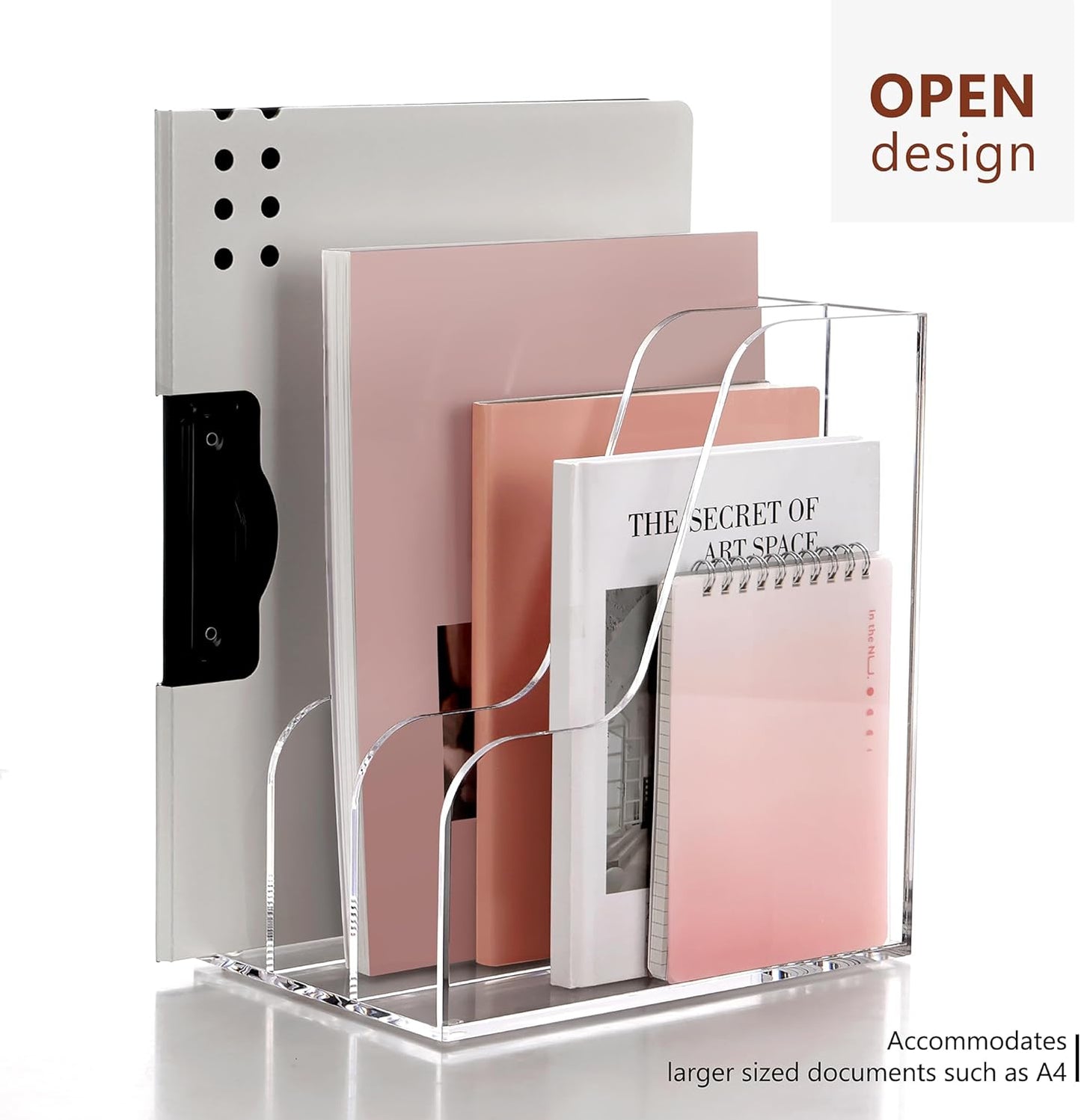 SANRUI Acrylic File Organizer, Clear Magazine File Holder Desk Organizer for Office Organization and Storage with 5 Vertical Compartments, Desktop Bookshelf for Home Office Organization