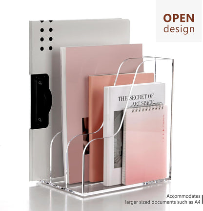 SANRUI Acrylic File Organizer, Clear Magazine File Holder Desk Organizer for Office Organization and Storage with 5 Vertical Compartments, Desktop Bookshelf for Home Office Organization