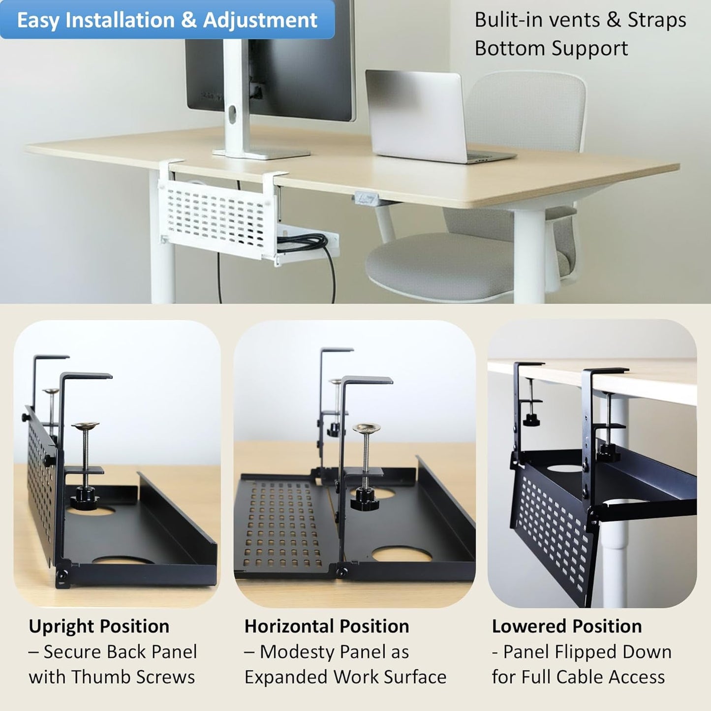 AEONS Under Desk Cable Management Tray Kit - Horizontal Adjustable up to 41” Removable C Clamp Mount Reversible Computer Cord Raceway and Modesty Panel for Large Table, Black