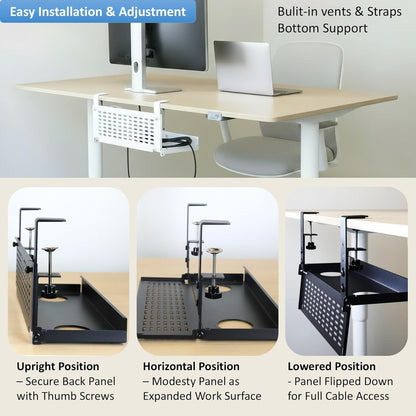 AEONS Under Desk Cable Management Tray Kit - Horizontal Adjustable up to 41” Removable C Clamp Mount Reversible Computer Cord Raceway and Modesty Panel for Large Table, Black